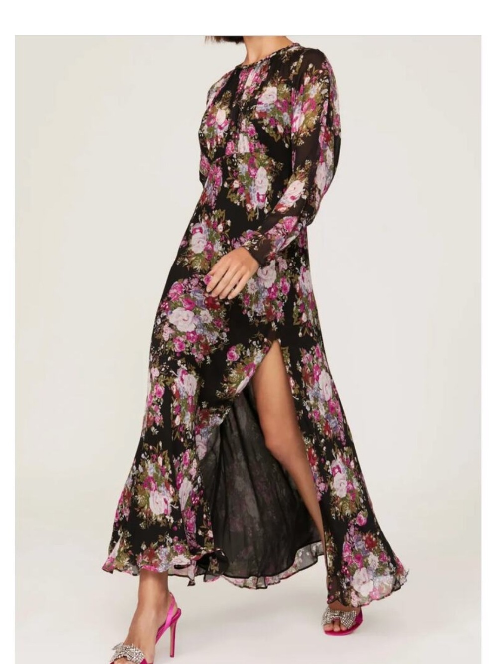 LoveShackFancy Dress Womens 2 Black Pink Floral Daya Gown Side Slit